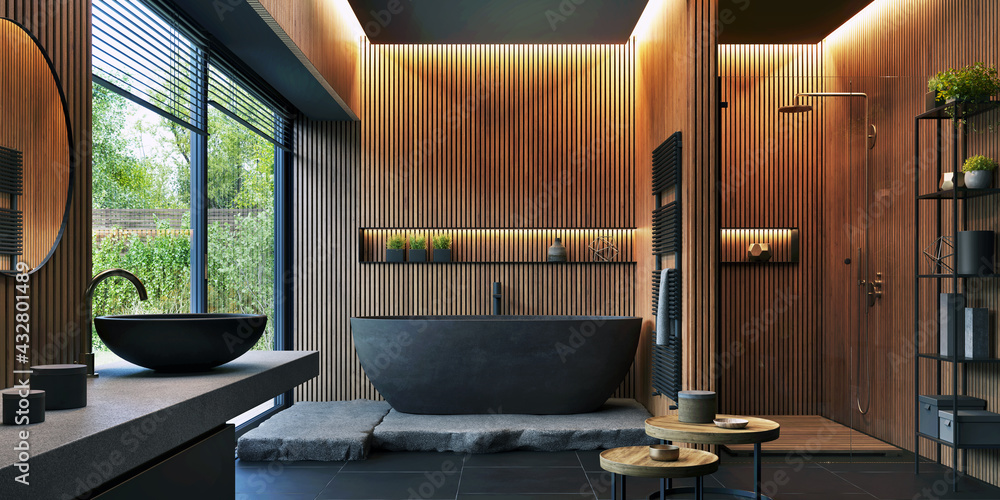Bathroom interior design with matte black bath and modern shower - obrazy, fototapety, plakaty 
