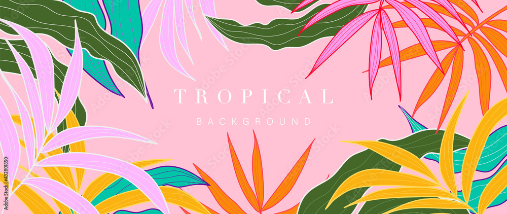 Pink Abstract art tropical leaves background vector. Wallpaper design with watercolor art texture from palm leaves, Jungle leaves, monstera leaf, exotic botanical floral pattern. - obrazy, fototapety, plakaty 