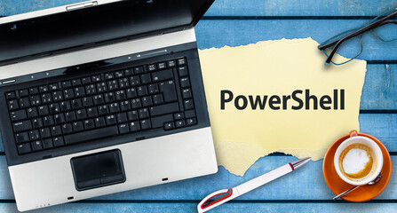 Wall Mural - powershell programming language. word powershell on paper and laptop