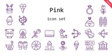 Pink Icon Set. Line Icon Style. Pink Related Icons Such As Candy, Engagement Ring, Swan, Girl, Flower, Cupid, Hippopotamus, Bank, Ice Cream, Candy Machine, Rose, Flip Flops, Sweet, Bunny,