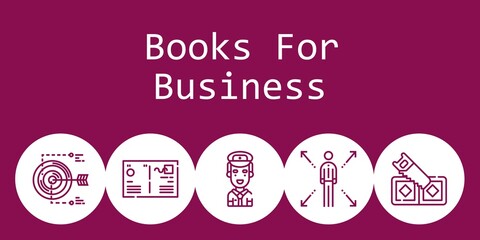 Sticker - books for business background concept with books for business icons. Icons related pilot, postcard, saw, target, network