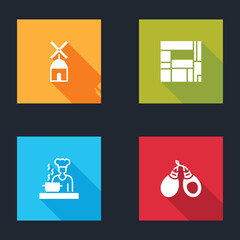 Sticker - Set Windmill, House Edificio Mirador, Spanish cook and Castanets icon. Vector