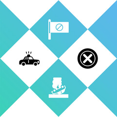 Sticker - Set Police car and flasher, Burning, Protest and X Mark, Cross circle icon. Vector