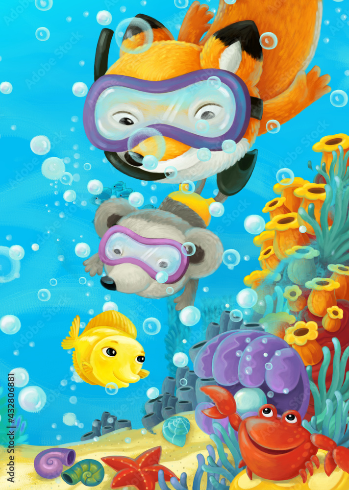 cartoon ocean scene coral reef forest animals diving - obrazy, fototapety, plakaty 
