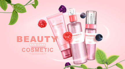 Mixed berry cosmetic. Collagen vitamin skin care. Beauty packaging cream set.