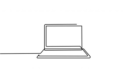 Wall Mural - Self drawing animation of computer notebook outline. Minimalism line art. Copy space.