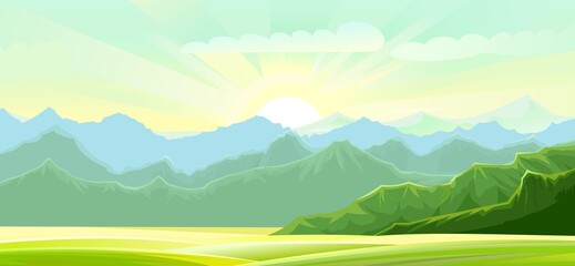 Wall Mural - Rural summer landscape. Nice view of the horizon. Fields, meadows and green grassy pastures. Bright sun with rays. Morning beautiful scenery. Vector