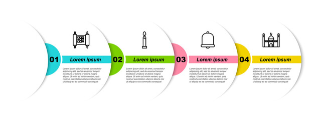 Poster - Set line Decree, paper, parchment, scroll, Burning candle, Church bell and Muslim Mosque. Business infographic template. Vector