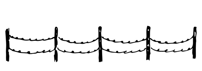 Hand-drawn simple vector drawing in black outline. Agriculture fence, field fencing. Poles with barbed wire. Security, no entry, railing.