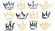 Doodle crowns. Line art king or queen crown sketch, fellow crowned heads tiara, beautiful diadem. Sketch crown.