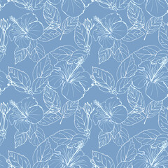 Hibiscus flower seamless pattern. Hand drawn sketch style. Line art. Mallow Chinese Rose. Herbal tea. Hawaii. Tropical background for paper, textile, wrapping and wallpaper.