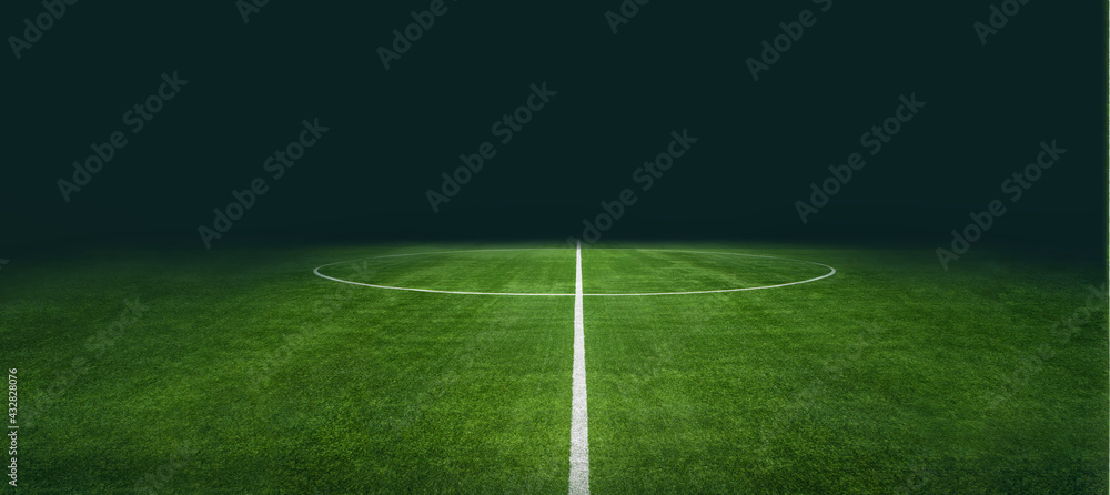 textured soccer game field with neon fog - center, midfield - obrazy, fototapety, plakaty 