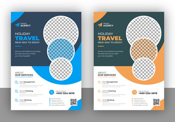 Poster - Travel agency busines flyer design template with colorful gradient vector graphic element, brochure magazine cover template in geometric shape for holiday vacation template