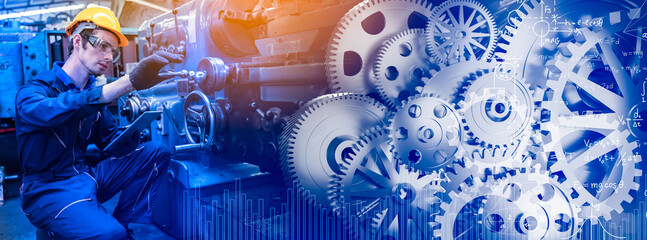 Work at the Heavy Industry Manufacturing Facility concept.Worker measuring on industrial turning machine with precision at factory.Man operating CNC drilling and boring machine in Industry.