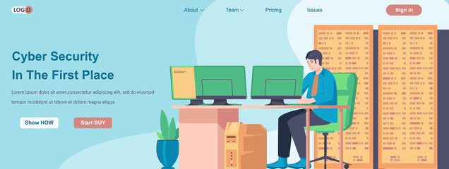Fototapete - Cyber Security In The First Place web banner concept. Tech service employee ensures protection of users personal data landing page template. Vector illustration with people characters in flat design