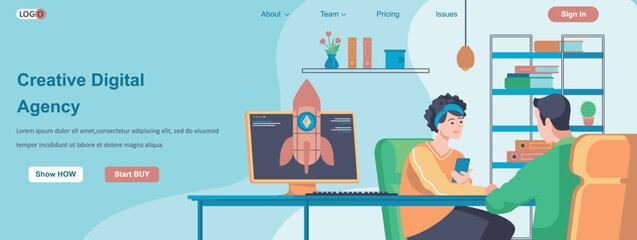 Creative Digital Agency web banner concept. Teamwork in office, business promotion with online advertising company landing page template. Vector illustration with people characters in flat design