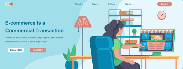 E-commerce Is a Commercial Transactions web banner concept. Woman makes purchase at store website, online shopping landing page template. Vector illustration with people characters in flat design