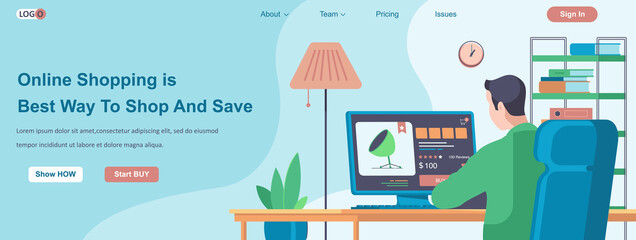 Online Shopping Is Best Way To Shop and Save web banner concept. Man makes purchase at store website, pays online landing page template. Vector illustration with people characters in flat design