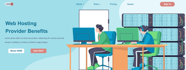 Web Hosting Providers Benefits banner concept. Online administrators team working in computer web data center server landing page template. Vector illustration with people characters in flat design