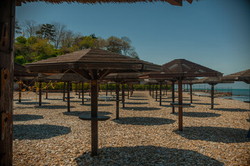 Wall Mural - Wooden beach umbrellas by the sea in clear weather