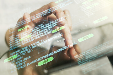 abstract creative coding illustration with finger clicks on a digital tablet on background, software