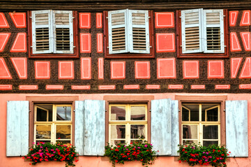 Wall Mural - French scenery and architecture, colorful floral streets of Alsace region. Traditional typical villages