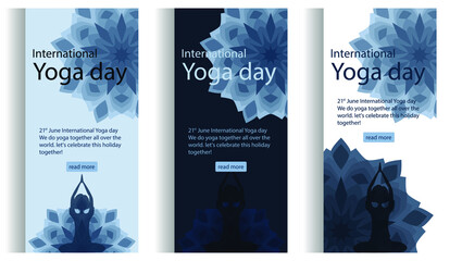 Young women meditation 21 june international yoga day. Web page template of yoga school, studio. Modern flat silhouette design concept web page design for website and mobile website, mobile interface