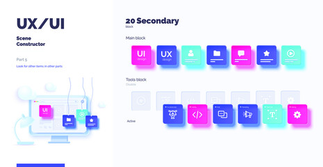 Wall Mural - 3d toolkit-ui ux scene creator. part 3 application design. smartphone and desktop mockup with active