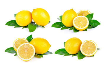 Sticker - lemon fruit with leaf isolated on white background