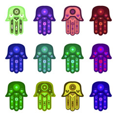 Hand of Fatima or Hamsa, vector image. Protection from the evil eye. A set of multi-colored amulets in the form of a palm.