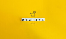 Digital Nomad Banner and Concept. Block Letters and Icon on Bright Yellow Orange Background. Minimal aesthetics.