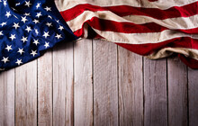 Happy Memorial Day Concept Made From American Flag On Old Wooden Background.