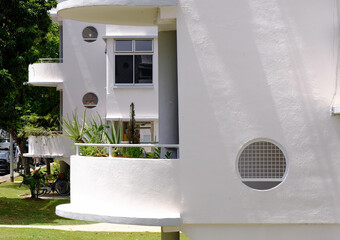 exterior side view of old public housing in tiong bahru heartland estate. the art deco inspired arch