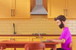 Side view at cartoon beard character man using laptop at the yellow kitchen. Work at home and online education concept.