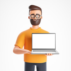 Portrait cartoon beard character man show laptop with blank mock up screen isolated over white background.