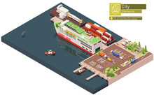 Vector Isometric Ferry Ship Unloading Or At The Port. Docked Ferry With Open Gates And Ramp Unloading Cars And Trucks