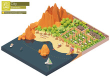 Vector Isometric Caravan Or Trailer Park On The Beach. Caravan Camping Resort. Seaside Campground Near Mountains. Camping Infrastructure, Cottages, Tents, Trailers