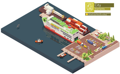 Vector isometric ferry ship unloading or at the port. Docked ferry with open gates and ramp unloading cars and trucks