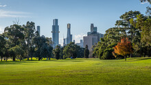 Albert Park Golf Course With Buildings Background At Melbourne Victoria, Australia