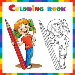 Wall Mural - Coloring Page Outline of cartoon girl with red pencil. Coloring Book for kids.