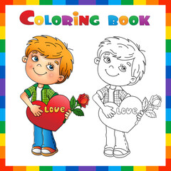 Sticker - Coloring Page Outline of cartoon boy with rose in hand with heart. Valentine's day. Coloring Book for kids.