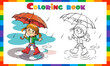 Coloring Page Outline of cartoon girl walking in the rain with umbrella. Coloring Book for kids.