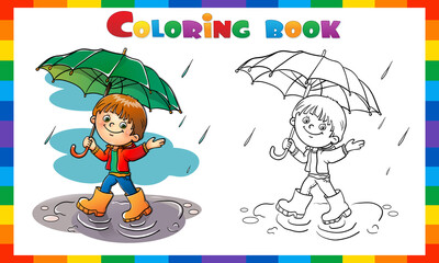 Wall Mural - Coloring Page Outline of cartoon Boy walking in the rain with umbrella. Coloring Book for kids.