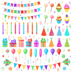 Wall Mural - Set of vector birthday party elements. Colorful balloons, flags, confetti, cupcakes, gifts, candles, bows and decorative ribbons. Vector illustration