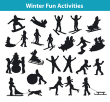 Children's Winter Fun Activities In Ice And Snow Silhouette Set Collection, Kids Playing Snowballs, Making Snowman, Sledding Downhill, Rolling Snow, Skating, Snowboarding, Skiing, Riding On Sleigh 