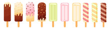 Set Of Tasty Colorful Ice Cream On A Stick. Cartoon Style Vector Illustration. Frozen Dessert With Chocolate, Popsicle, Ice Lolly Twist Isolated On White Background. Different Types Of Ice Creams. 