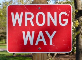 A close view of the wrong way sign.