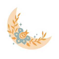 Wall Mural - Magic boho crescent moon with leaves, stars, flower isolated on white background. Vector flat illustration. Decorative boho elements for tattoo, greeting cards, invitations, wedding