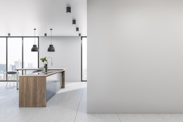 Blank light grey wall in stylish kitchen area in minimalistic style with wooden and metal tabletop, glossy floor, black lamps and city view from big windows. 3D rendering, mock up