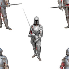 Wall Mural - Knights in shiny metal armors and weapons on a white background